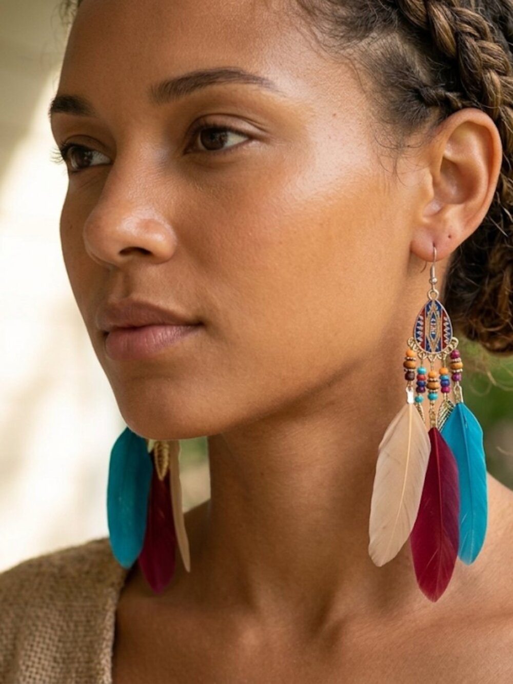 FEATHERED multi color GORGEOUS Dangle Earrings 925 sterling hoops NEW!
